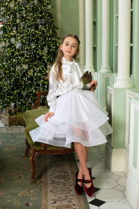 Юбка из шелковой органзы для девочки — двухслойная, нарядная, молочная