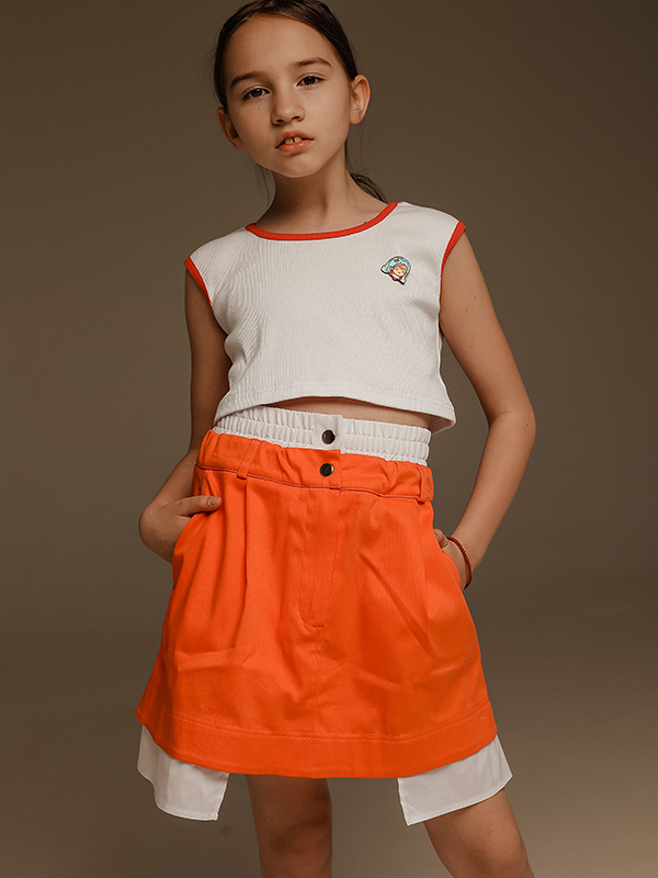 Коралловая детская юбка с поясом-имитацией нижнего белья и хлопковой вставкой