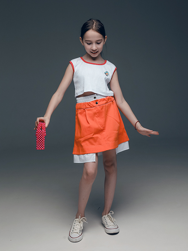 Коралловая детская юбка с поясом-имитацией нижнего белья и хлопковой вставкой