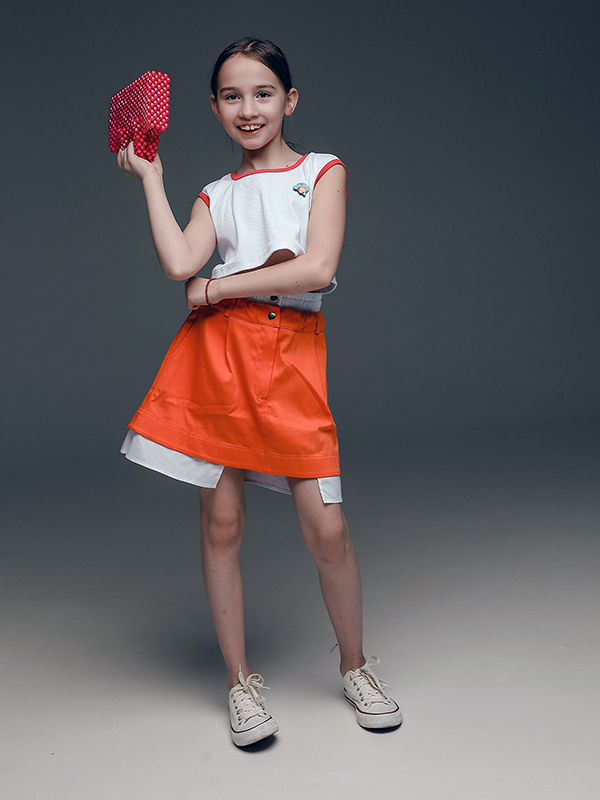 Коралловая детская юбка с поясом-имитацией нижнего белья и хлопковой вставкой