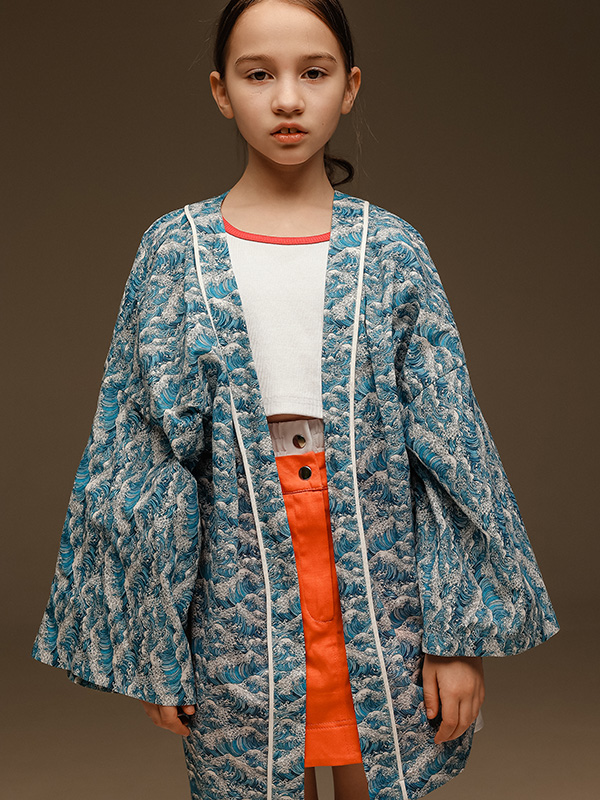 Голубая принтованная хлопковая накидка-хаори "Море"