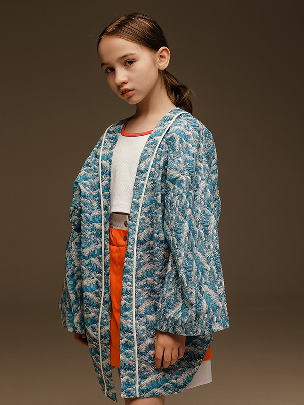 Голубая принтованная хлопковая накидка-хаори "Море"
