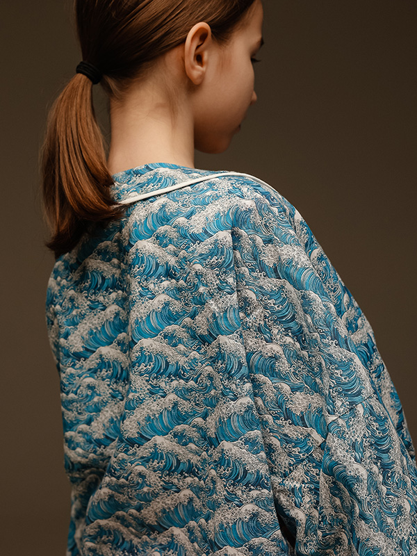 Голубая принтованная хлопковая накидка-хаори "Море"