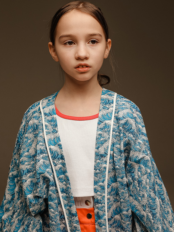 Голубая принтованная хлопковая накидка-хаори "Море"