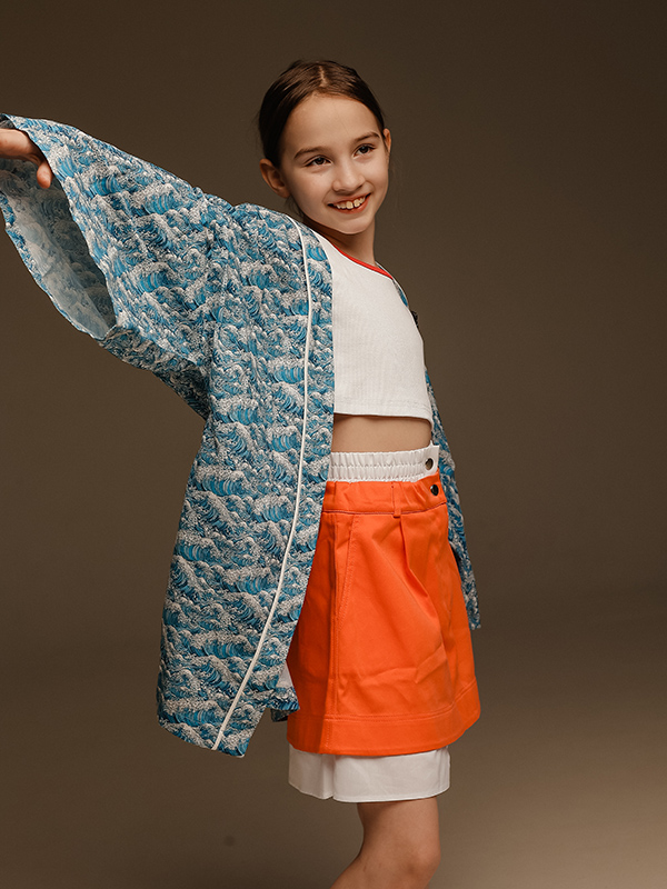 Голубая принтованная хлопковая накидка-хаори "Море"