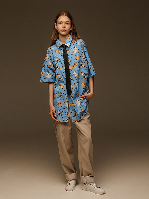 Голубая оверсайз рубашка с принтом "Мой сосед Тоторо"
