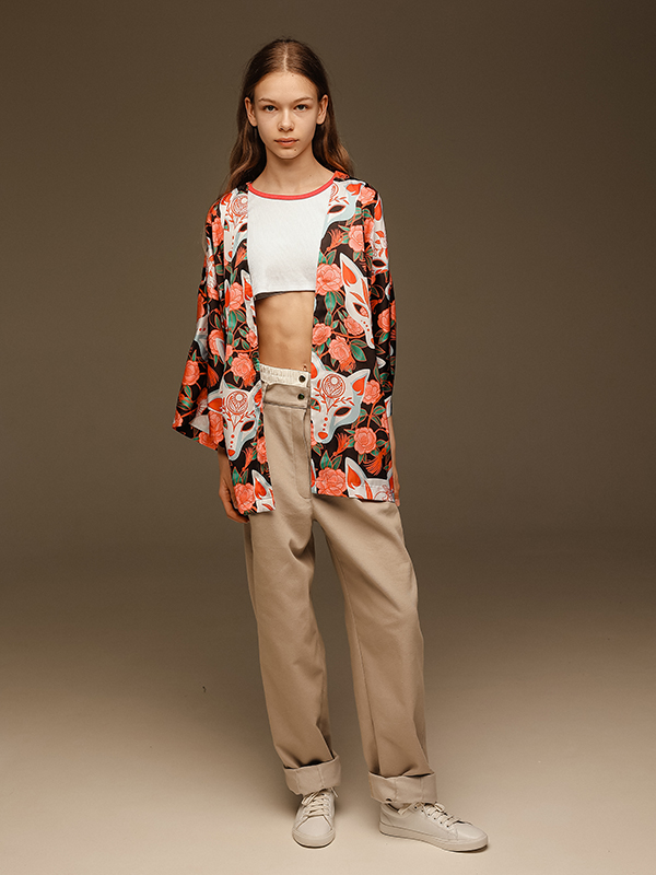 Яркая оранжевая накидка хаори из искусственного шелка с принтом Кицунэ