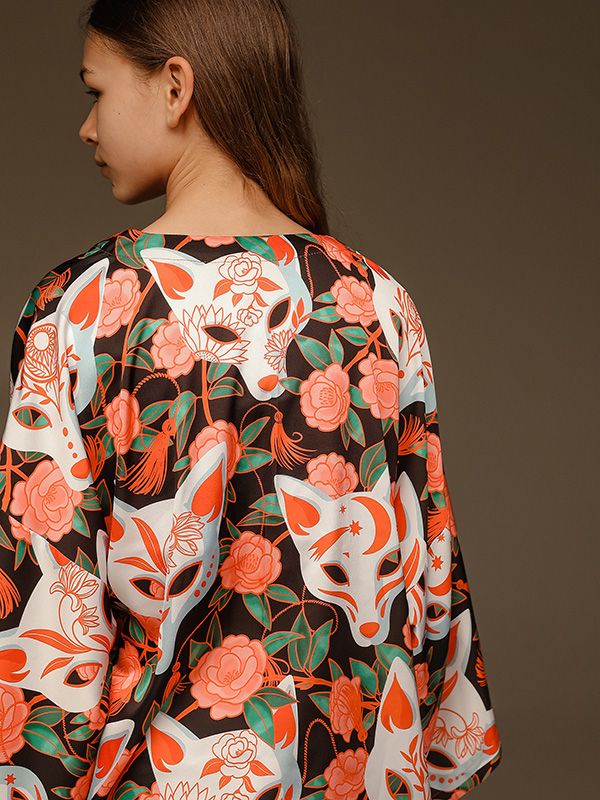 Яркая оранжевая накидка хаори из искусственного шелка с принтом Кицунэ