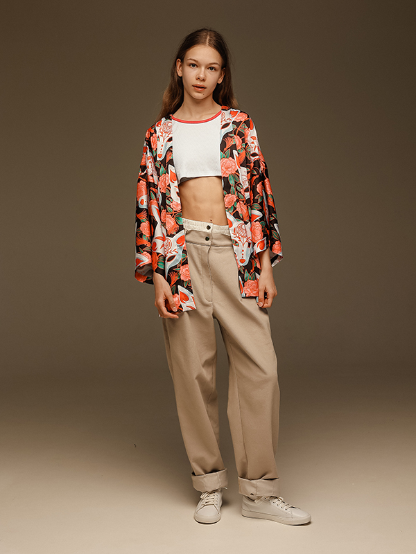 Яркая оранжевая накидка хаори из искусственного шелка с принтом Кицунэ