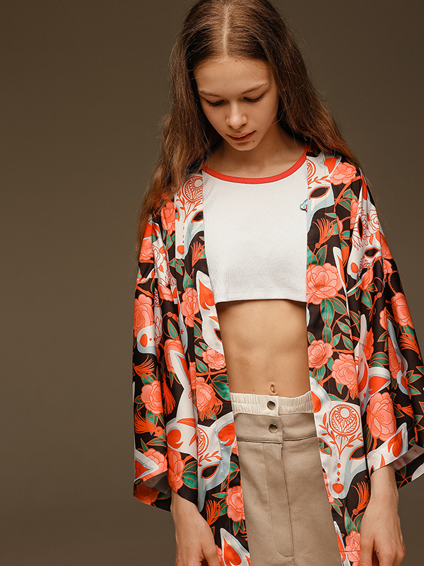 Яркая оранжевая накидка хаори из искусственного шелка с принтом Кицунэ