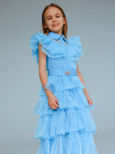 Голубое нарядное детское платье из органзы с воланами «Золушка»