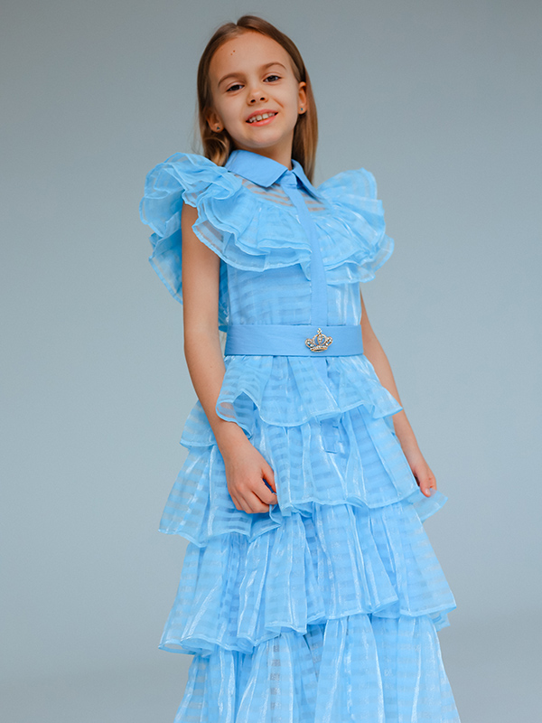 Голубое нарядное детское платье из органзы с воланами "Золушка"