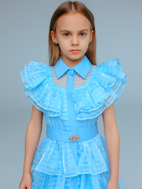 Голубое нарядное детское платье из органзы с воланами "Золушка"