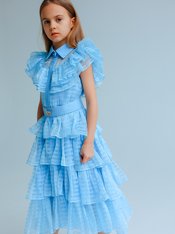 Голубое нарядное детское платье из органзы с воланами "Золушка"