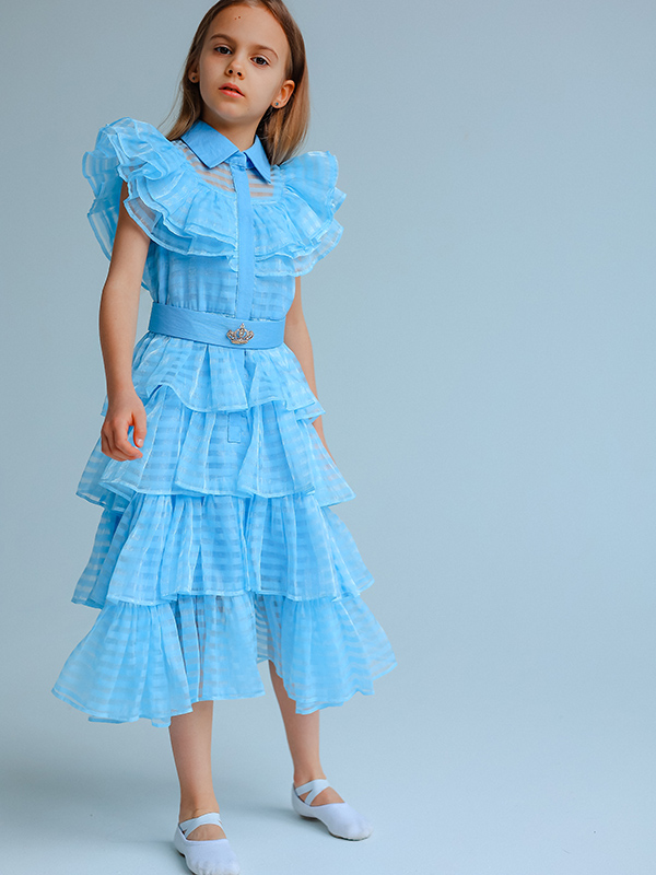 Голубое нарядное детское платье из органзы с воланами "Золушка"