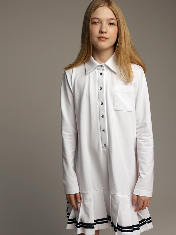 Белое школьное платье-поло из хлопка с длинными рукавами