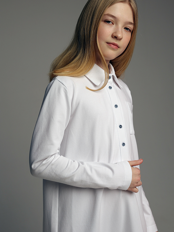 Белое школьное платье-поло из хлопка с длинными рукавами