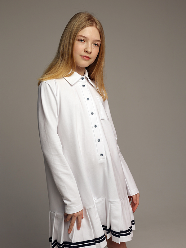 Белое школьное платье-поло из хлопка с длинными рукавами