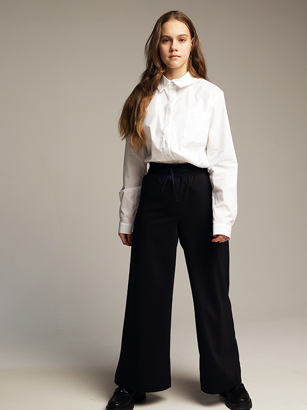 Широкие синие школьные брюки палаццо на эластичном поясе