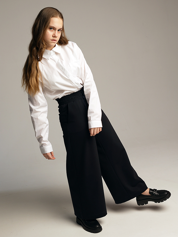 Широкие синие школьные брюки палаццо на эластичном поясе