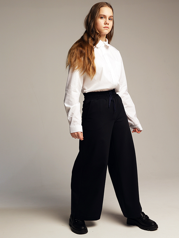 Широкие синие школьные брюки палаццо на эластичном поясе