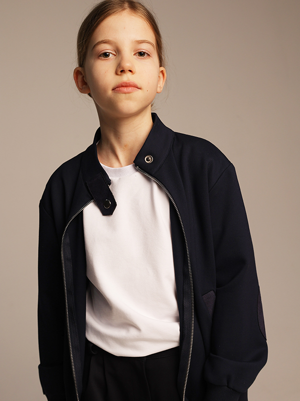Синий школьный бомбер из джерси на молнии на девочку