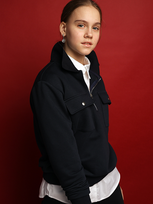 Синий школьный свитшот с воротом на молнии на девочку