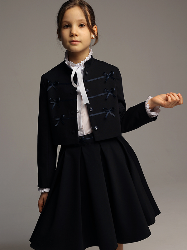 Нарядный синий школьный жакет с застежкой-бантами на девочку