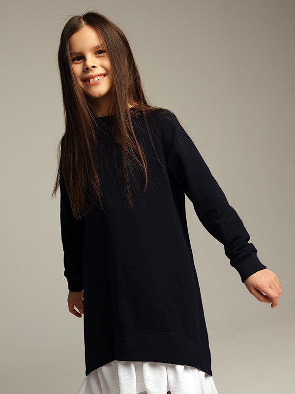 Трикотажное синее школьное платье-туника с белым воланом