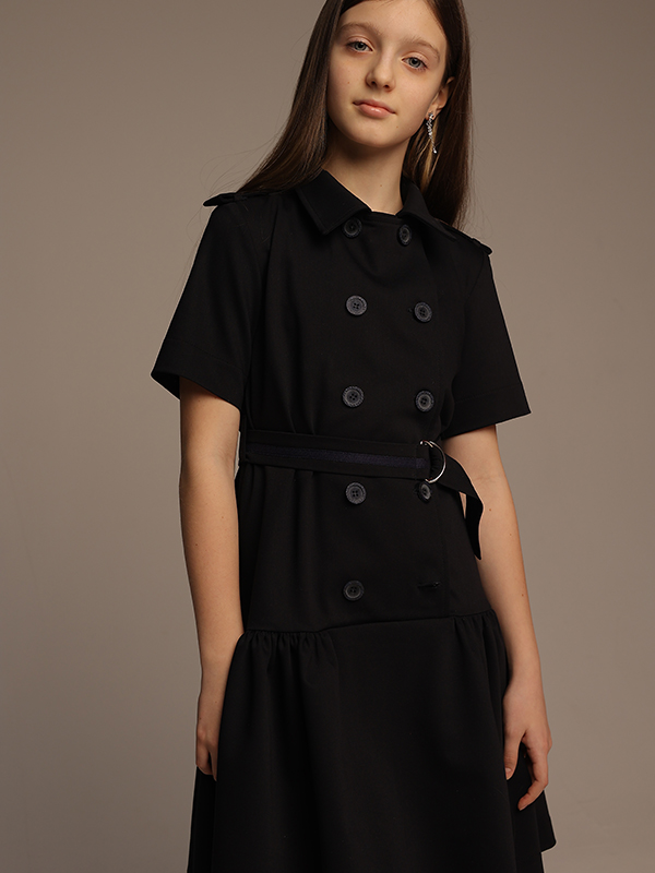 Синее двубортное школьное платье-тренч