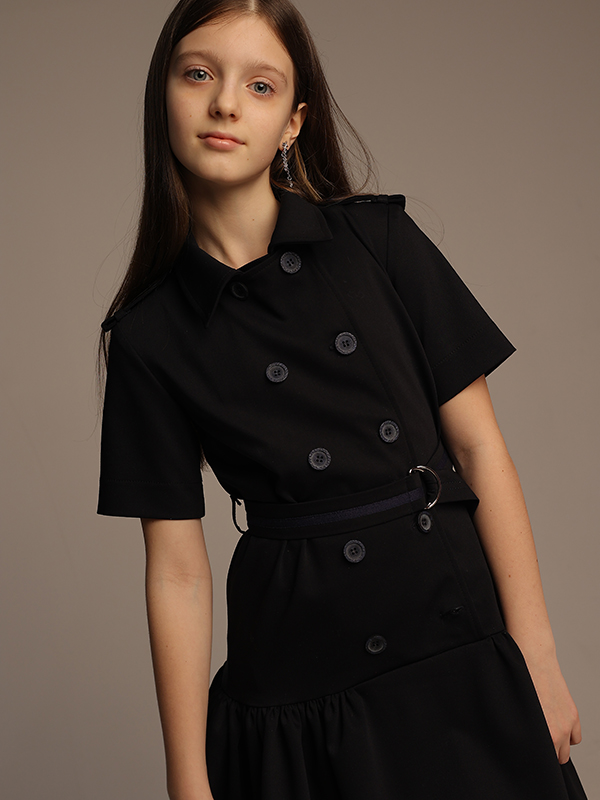 Синее двубортное школьное платье-тренч