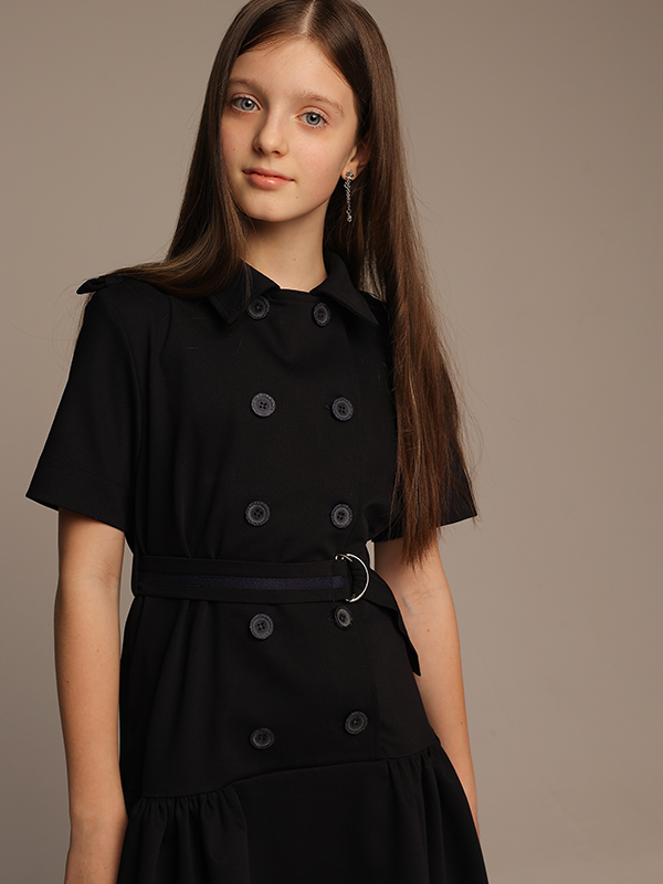 Синее двубортное школьное платье-тренч