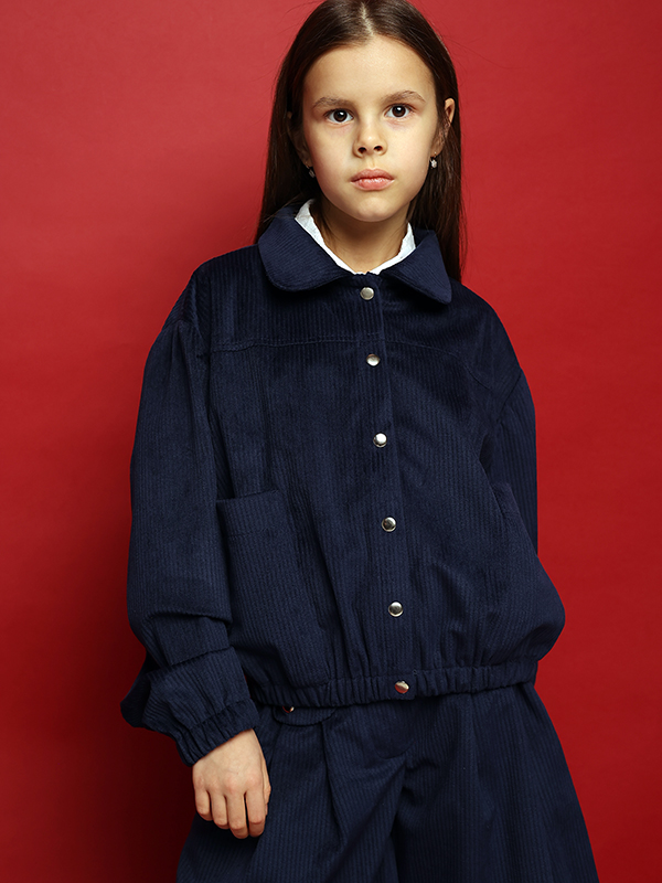 Синий школьный жакет-бомбер из вельвета на девочку