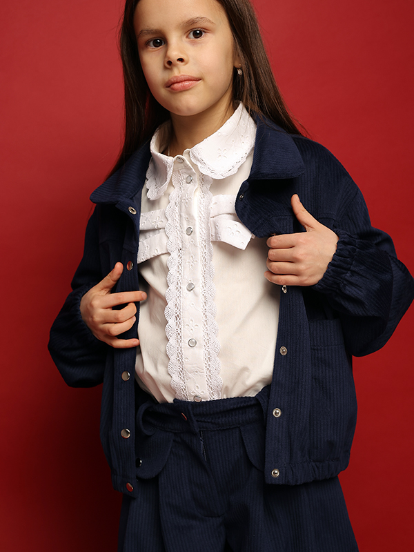 Синий школьный жакет-бомбер из вельвета на девочку