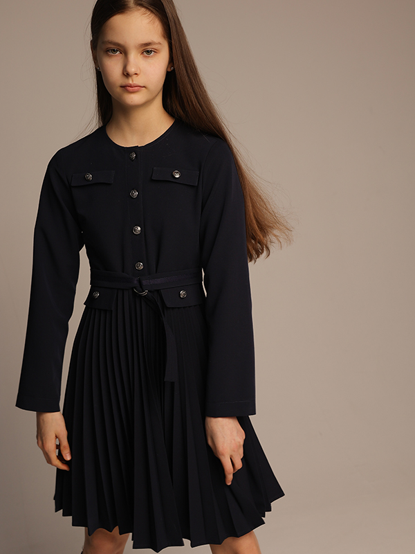 Синее школьное платье в стиле Шанель с плиссированной юбкой