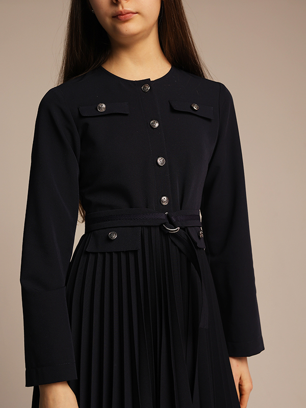 Синее школьное платье в стиле Шанель с плиссированной юбкой