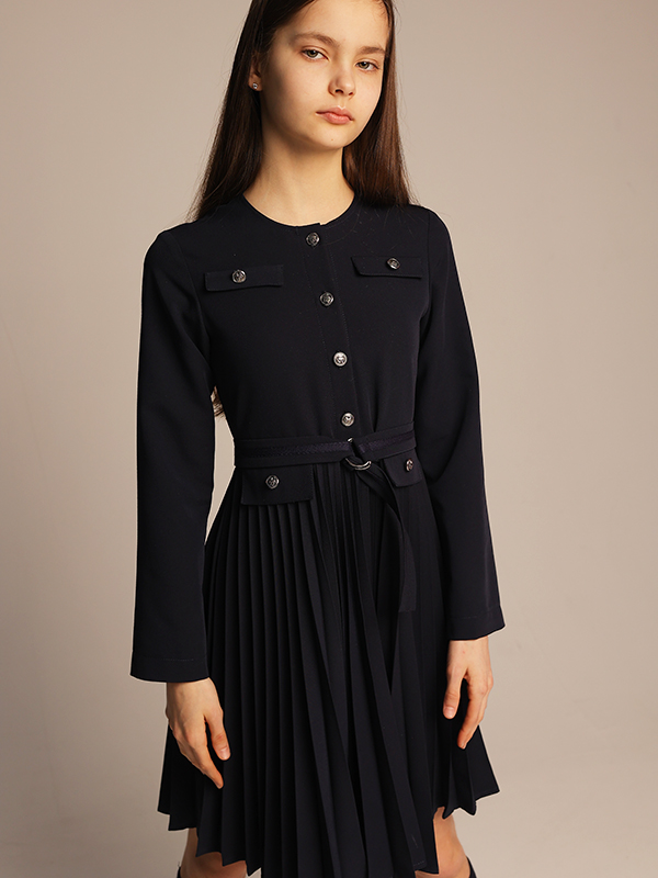 Синее школьное платье в стиле Шанель с плиссированной юбкой