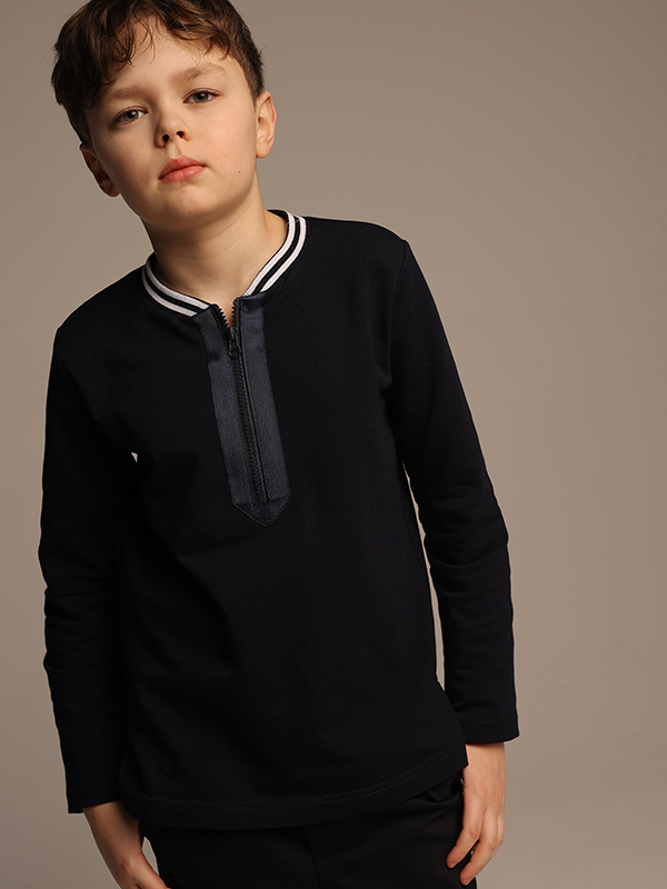 Синий школьный лонгслив-поло с застежкой молнией для мальчика