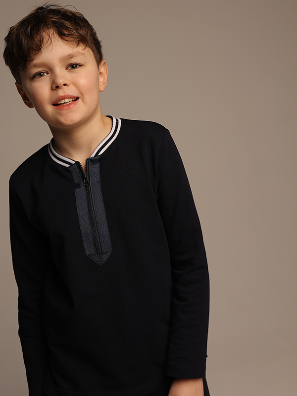 Синий школьный лонгслив-поло с застежкой молнией для мальчика