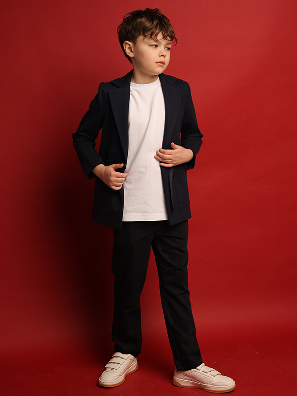 Нарядный синий школьный пиджак-кардиган на мальчика с регулирующейся застежкой