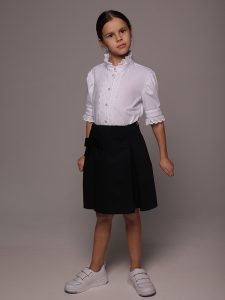 Синяя школьная юбка-трапеция со съемным бантом на девочку