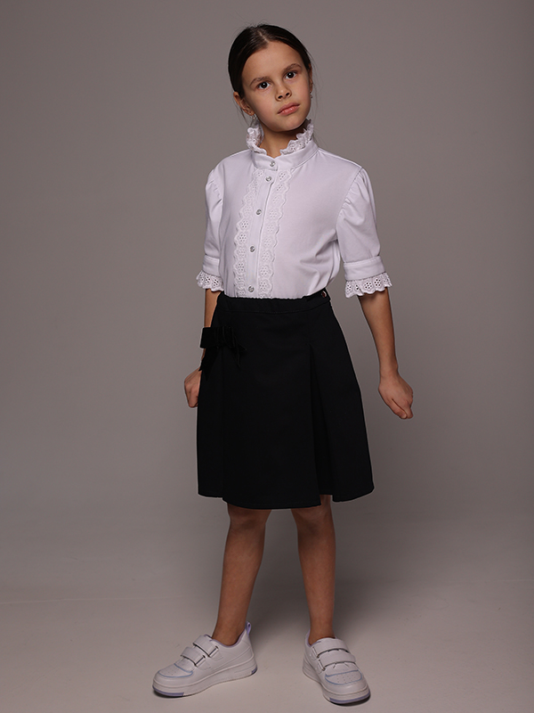 Синяя школьная юбка-трапеция со съемным бантом на девочку