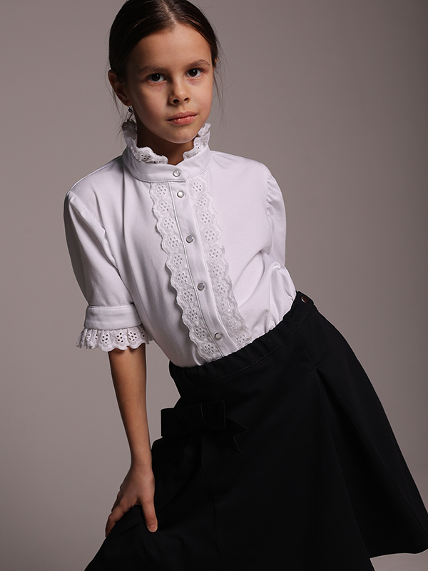 Синяя школьная юбка-трапеция со съемным бантом на девочку