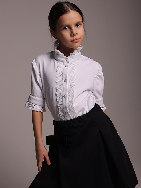 Синяя школьная юбка-трапеция со съемным бантом на девочку