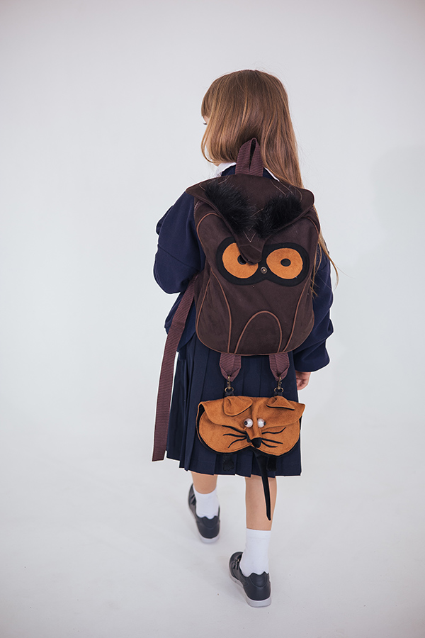 Коричневый школьный рюкзак "Сова" с пеналом "Мышь"