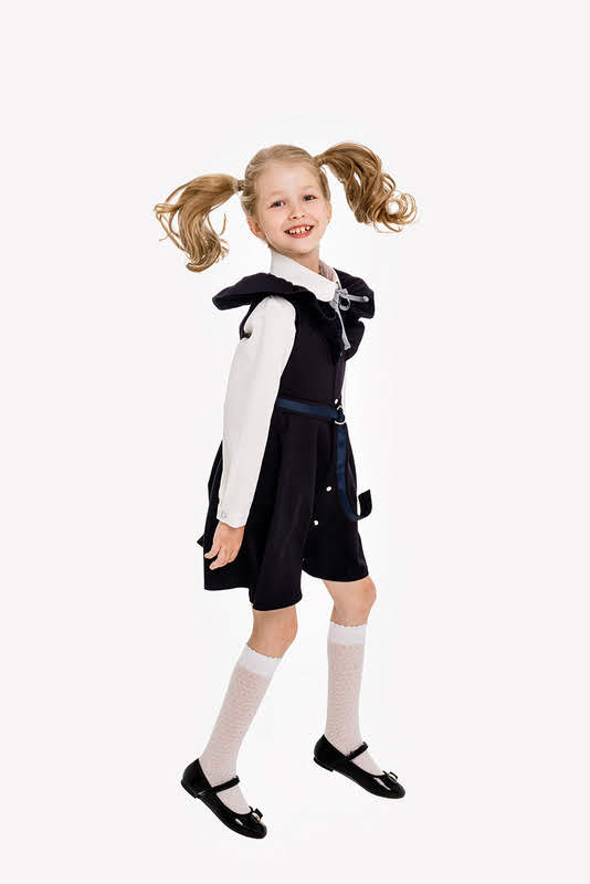 Синий школьный сарафан с воланом на лифе с планкой