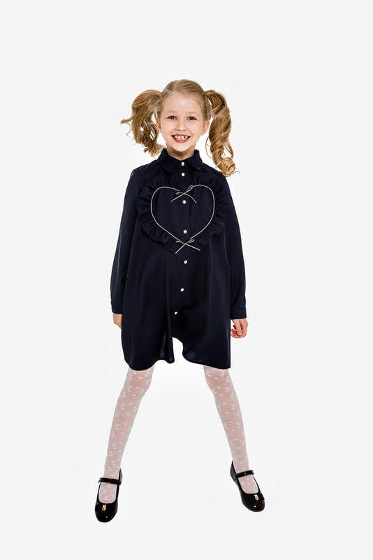 Синее школьное платье-трапеция с сердцем