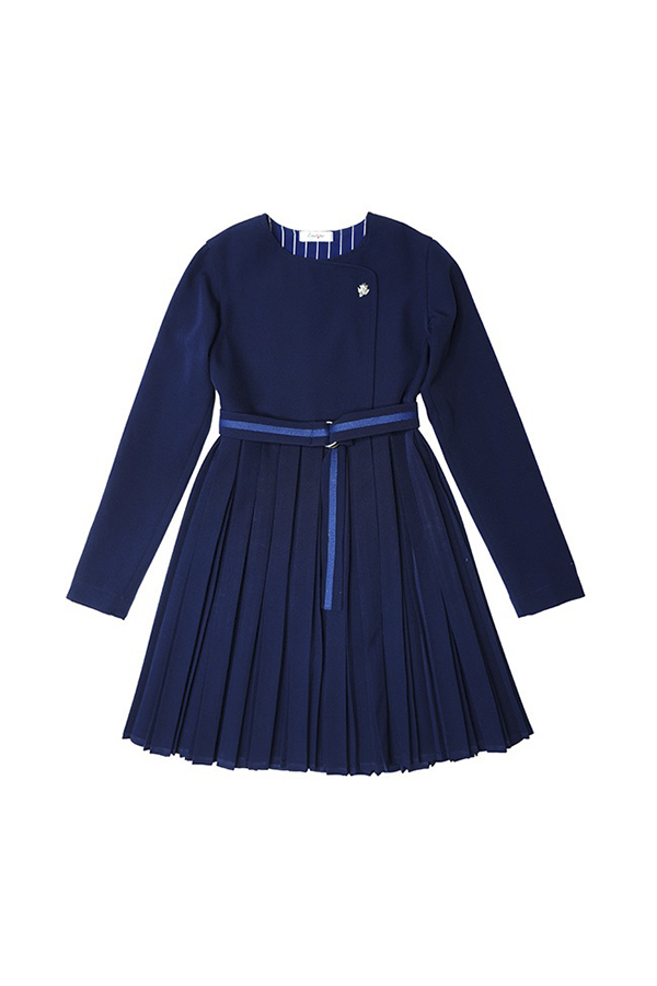 Синее школьное платье с запахом и плиссированной юбкой