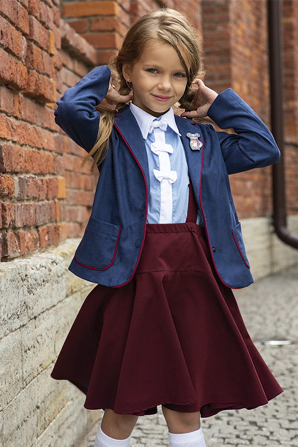 Синий замшевый школьный жакет с окантовками для девочки