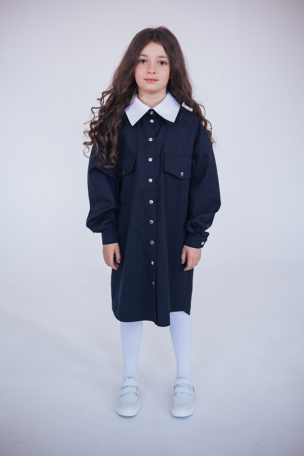 Синее школьное платье-туника рубашечного кроя со съемным воротником